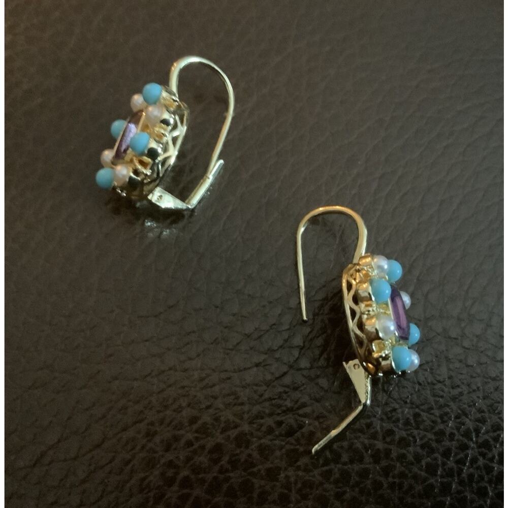 Museum Amethyst Earrings Gold Pearl Flower Turquoise Court Boho Statement VTG CZ - Picture 6 of 7